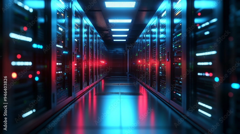 A futuristic data center with servers illuminated by soft, cool lighting, focusing on the secure technology within. A futuristic data center with servers illuminated by soft, cool lighting, focusing on the secure technology within.