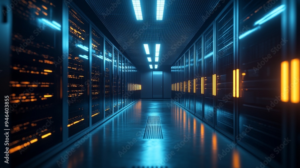 Fototapeta premium A futuristic data center with servers illuminated by soft, cool lighting, focusing on the secure technology within.