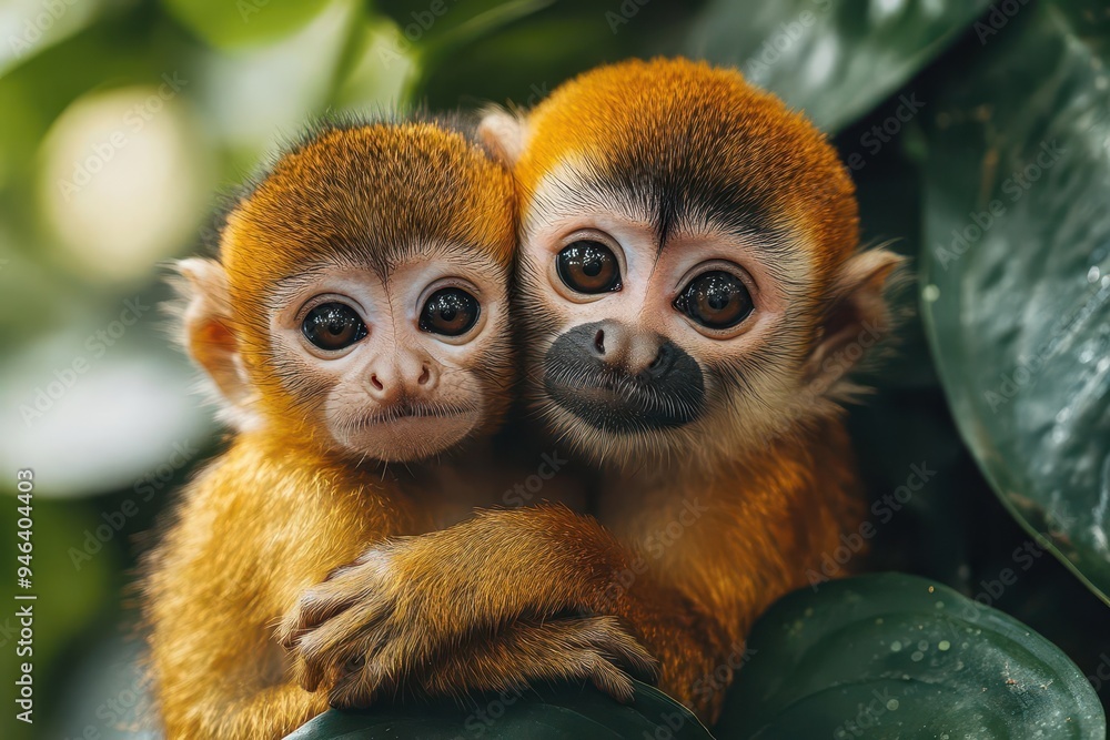 mother and baby monkey in lush jungle setting emphasizing tender moment and natural habitat with vibrant foliage mother and baby monkey in lush jungle setting emphasizing tender moment and natural habitat with vibrant foliage