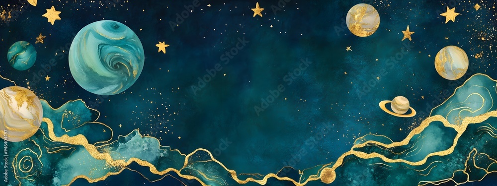 An elegant and detailed watercolor illustration of the planets, stars, and moon in a gold foil outline border around a blue-green agate gemstone with a shimmering, glittery golden background An elegant and detailed watercolor illustration of the planets, stars, and moon in a gold foil outline border around a blue-green agate gemstone with a shimmering, glittery golden background