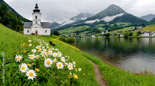 Serene Lakeside Chapel A Picturesque Chapel Nestled by a Tranquil Lake Surrounded by Majestic Mountains Capturing the Peaceful Beauty of Nature and Spiritual Reflection in the Alps photo