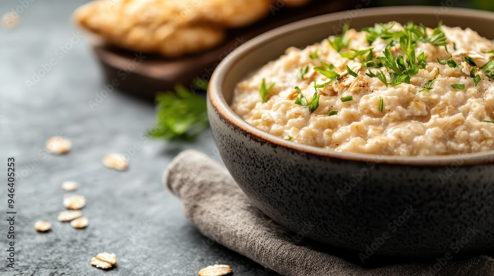 A comforting bowl of oatmeal topped with fresh green herbs, presented in a grey rustic bowl, perfect for a nourishing breakfast that combines taste, nutrition, and aesthetic appeal. A comforting bowl of oatmeal topped with fresh green herbs, presented in a grey rustic bowl, perfect for a nourishing breakfast that combines taste, nutrition, and aesthetic appeal.