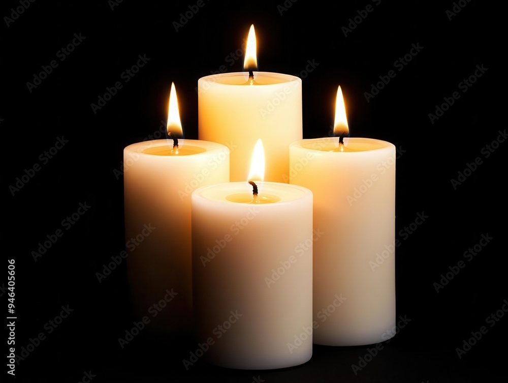 A serene arrangement of white candles with glowing flames against a dark background, perfect for creating a warm ambiance. A serene arrangement of white candles with glowing flames against a dark background, perfect for creating a warm ambiance.