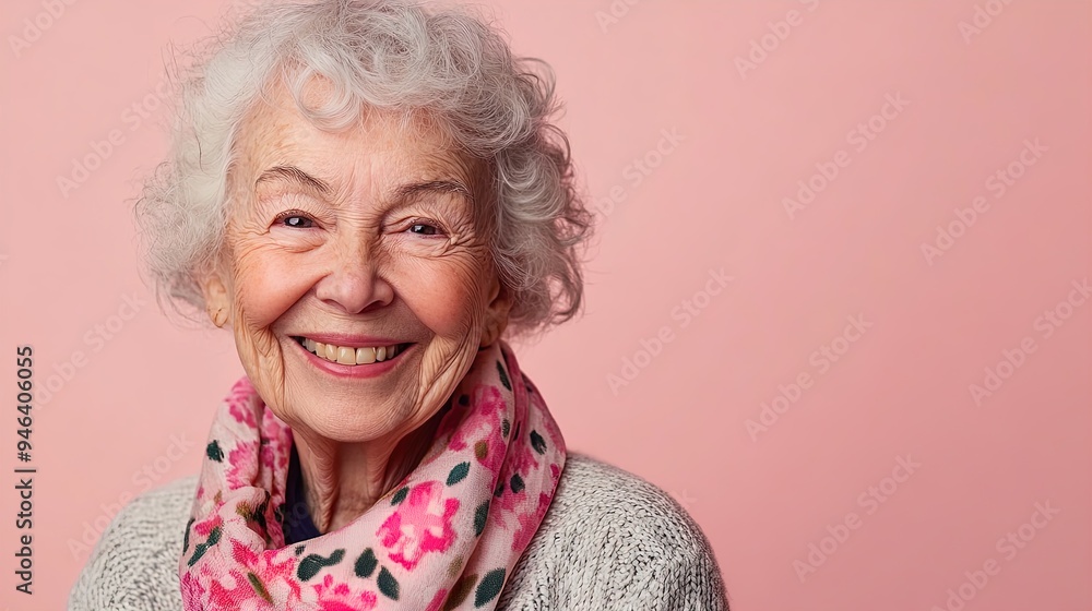 Warm and Joyful: A Smiling Elderly Woman in a Floral Scarf - Perfect for a Cozy Living Space Poster or Inspiring Interior Decor Warm and Joyful: A Smiling Elderly Woman in a Floral Scarf - Perfect for a Cozy Living Space Poster or Inspiring Interior Decor