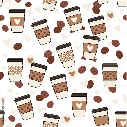 pattern background cups with coffee tea hot drinks coffee beans hearts and planes icons