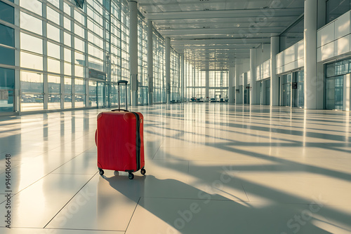 Suitcase luggage in a large airport waiting hall
