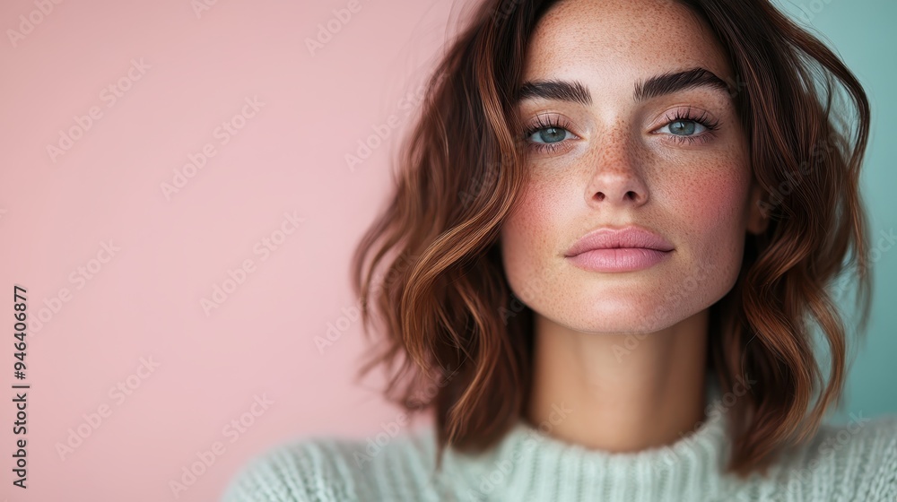 A woman with short wavy hair gazes calmly at the camera, exuding a sense of peace and serenity against a pastel backdrop, capturing timeless beauty. A woman with short wavy hair gazes calmly at the camera, exuding a sense of peace and serenity against a pastel backdrop, capturing timeless beauty.