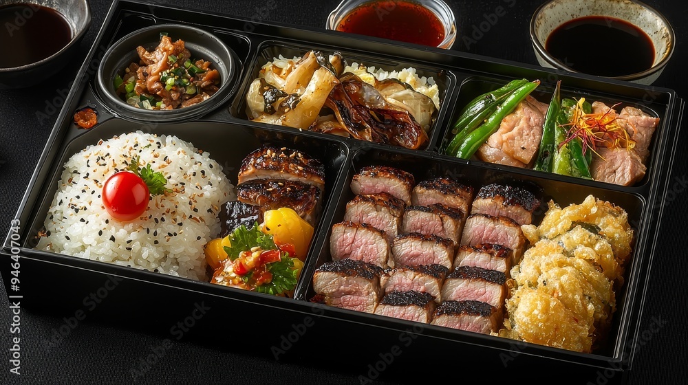 Japanese Bento Box TopDown View of Grilled Meat Rice and Vegetables A delicious assortment of Japanese flavors in a black bento box The vibrant red cherry tomato stands out Japanese Bento Box TopDown View of Grilled Meat Rice and Vegetables A delicious assortment of Japanese flavors in a black bento box The vibrant red cherry tomato stands out