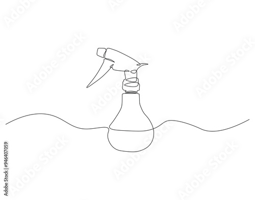 Continuous line drawing of water spray bottle. Single line illustration of spray bottle. Disinfectant, Barber, Gardener, concept. Editable outline