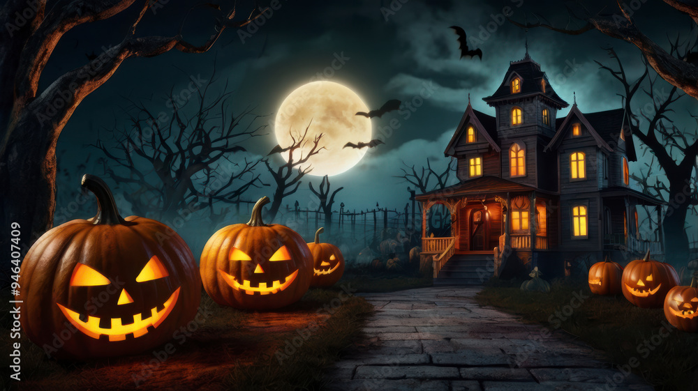 Fototapeta premium Happy Halloween, Haunted house, Jack O Lantern, Red and Orange with glowing face, pumpkin patch at night by full moon light, 