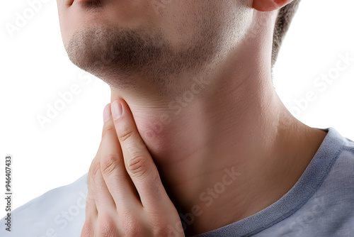  Close up Young man having sore throat and touching his neck photo