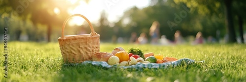 A wicker picnic basket sits on a green grassy lawn with a blanket spread out in front of it, filled with fresh produce like fruit, vegetables, and bread. The setting sun casts a warm glow over the sce photo