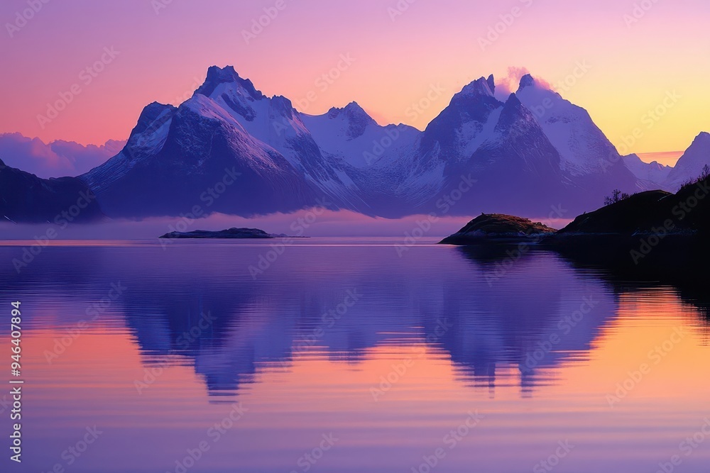 nordic fjord silhouette at twilight jagged mountains reflected in still waters archipelago of small islands ethereal purple and orange sky nordic fjord silhouette at twilight jagged mountains reflected in still waters archipelago of small islands ethereal purple and orange sky