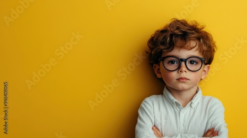 A young boy with curly hair and glasses, standing seriously with arms crossed against a bright yellow background, embodying intelligence and thoughtfulness.