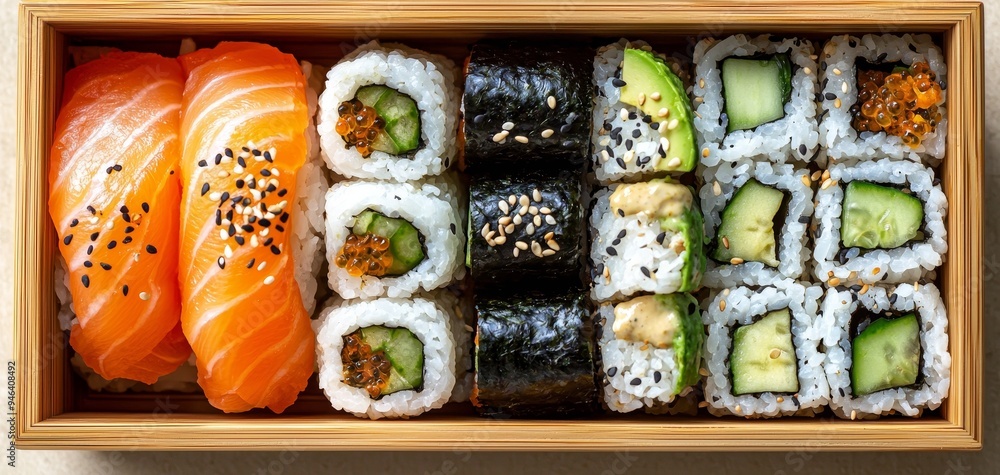 A TopDown View of a Bamboo Box Filled with Various Sushi Rolls Including Salmon Nigiri Cucumber and Avocado Maki and Tobiko Rolls A TopDown View of a Bamboo Box Filled with Various Sushi Rolls Including Salmon Nigiri Cucumber and Avocado Maki and Tobiko Rolls