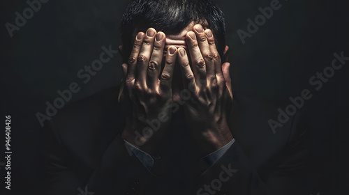 Portrait of overstressed business man covering face with his hands isolated. Emotion of stress or despair