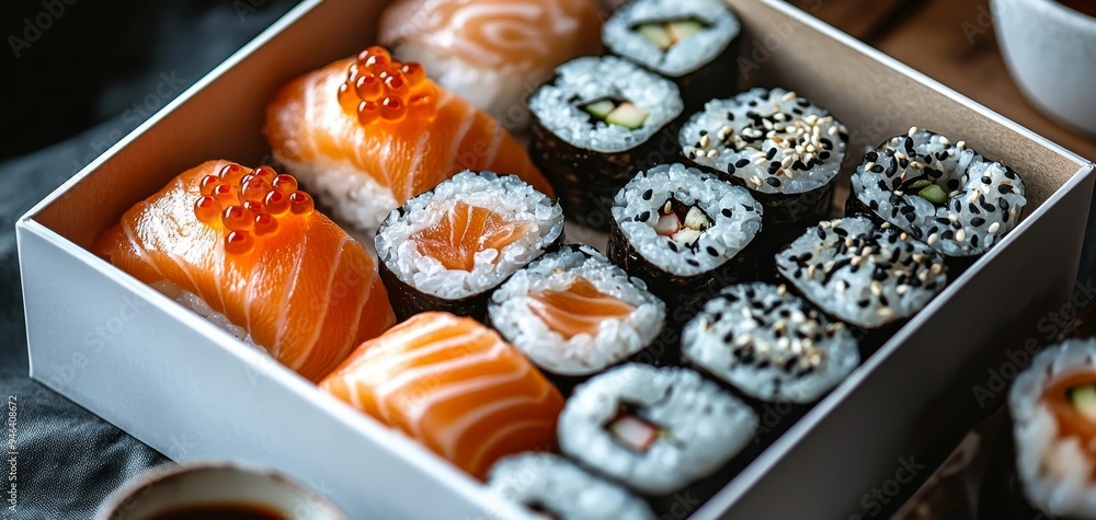 A TopDown View of a Sushi Box Filled with Nigiri and Maki Featuring Salmon Caviar and Sesame Seeds A TopDown View of a Sushi Box Filled with Nigiri and Maki Featuring Salmon Caviar and Sesame Seeds