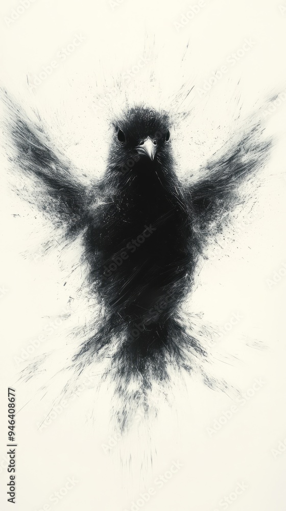 Fototapeta premium The swift flight of a crow captured in a dramatic burst of black ink on white canvas