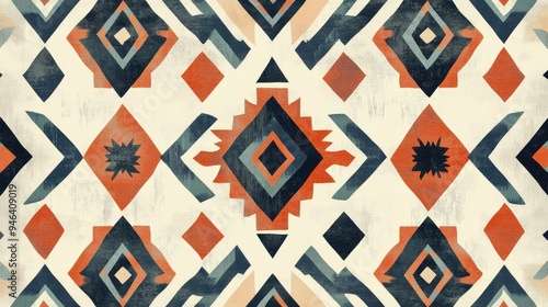 Abstract Navajo pattern with modern colors, featuring traditional shapes like diamonds and chevrons. A stylish blend of cultural heritage and contemporary aesthetics. photo