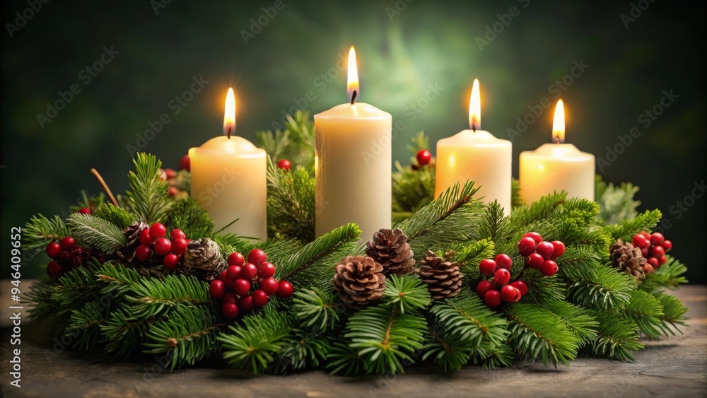 Elegant Holiday Arrangement with Lit Candles Surrounded by Pine Branches, Cones, and Red Berries Elegant Holiday Arrangement with Lit Candles Surrounded by Pine Branches, Cones, and Red Berries