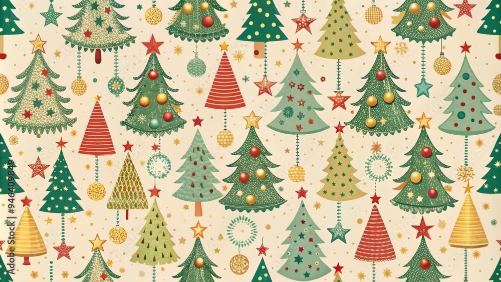 Cute Holiday Trees and Ornaments in Repeating Pattern for Christmas Wrapping Paper or Fabric Cute Holiday Trees and Ornaments in Repeating Pattern for Christmas Wrapping Paper or Fabric