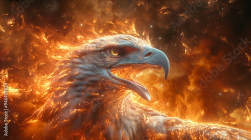 Wallpaper with powerful eagle emerging from a firestorm with a nebula background, symbolizing strength, freedom and power. Perfect for concepts about wildlife, the universe and fantasy photo