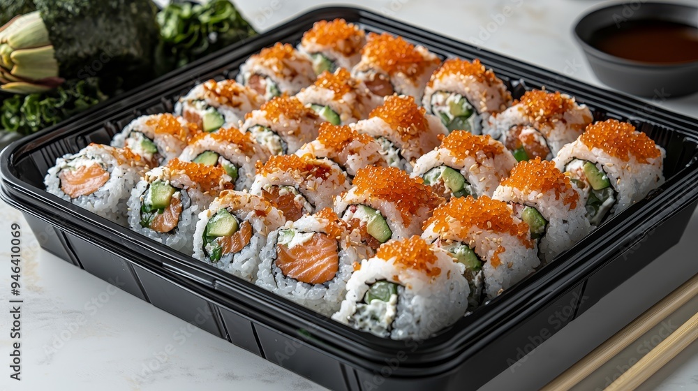 Closeup of a sushi platter with salmon and tobiko arranged in a black container on a marble surface showcasing the intricate details of each roll Closeup of a sushi platter with salmon and tobiko arranged in a black container on a marble surface showcasing the intricate details of each roll