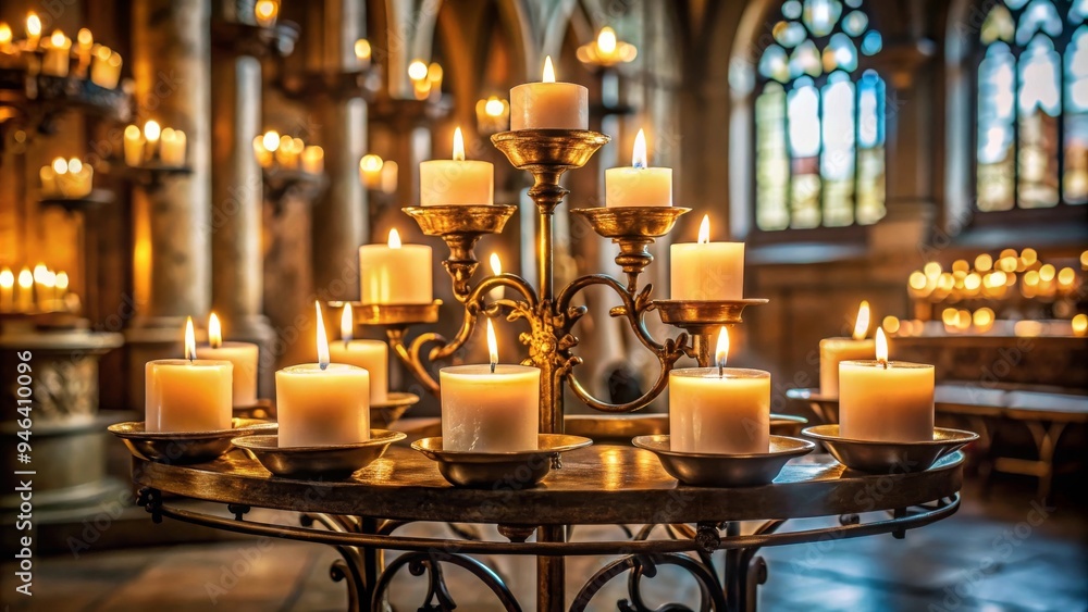 Illuminated Candles in Beautiful Candelabrum Setting, Creating Warm and Serene Church Ambiance Illuminated Candles in Beautiful Candelabrum Setting, Creating Warm and Serene Church Ambiance