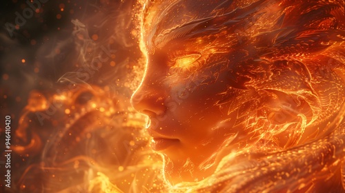 Wallpaper with woman with fire patterns on her skin is surrounded by smoke and fire, illustrating concepts like danger, power, and fantasy; fantasy face like phoenix