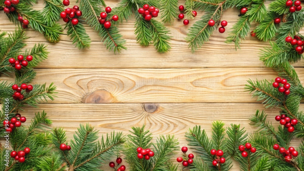 Christmas Frame with Pine Branches and Red Berries on Wooden Background, Festive Holiday Border