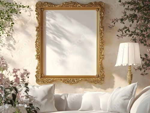 Ornate Golden Frame Mockup in Cozy Farmhouse Living Room with Soft Natural Textures and Inviting Ambiance  3D Render with Renaissance Style Country Cottage Backdrop photo