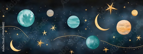 Wallpaper Mural An elegant and detailed watercolor illustration of the planets, stars, and moon in a gold foil outline border around a blue-green agate gemstone with a shimmering, glittery golden background Torontodigital.ca