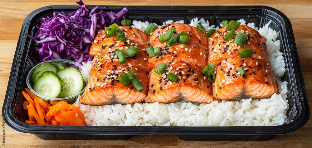Closeup of Teriyaki Salmon Bento Box with Sesame Seeds Green Onions and Rice Closeup of Teriyaki Salmon Bento Box with Sesame Seeds Green Onions and Rice