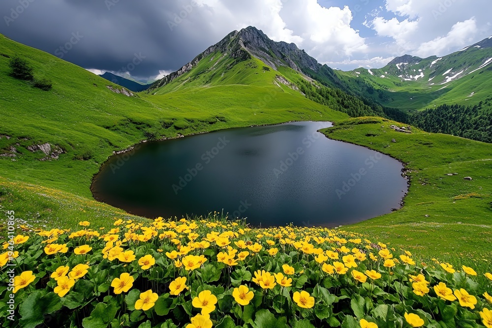 Fototapeta premium Lake surrounded by wildflowers, captured in a photo that highlights the natural beauty and colors of the landscape