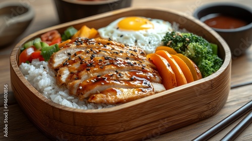 CloseUp of Teriyaki Chicken Rice Bowl with Sesame Seeds SunnySide Up Egg Broccoli Wooden Background Asian Cuisine Concept