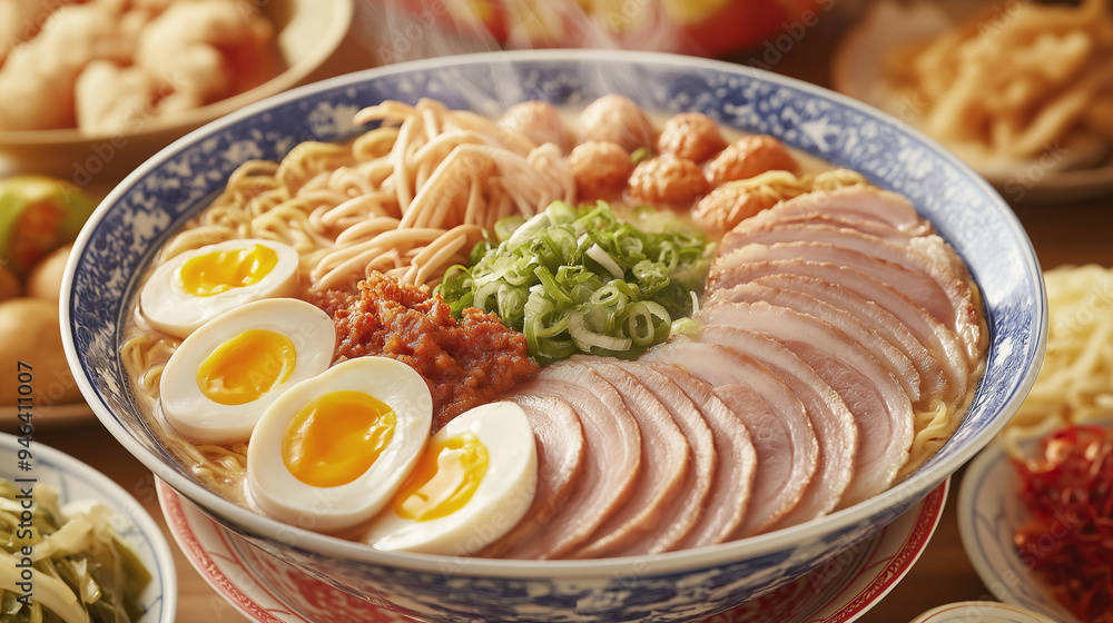 Close-up of a bowl of ramen with pork, eggs, and green onions.. Close-up of a bowl of ramen with pork, eggs, and green onions..