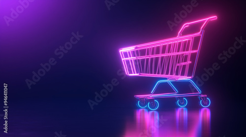 Neon pink and blue shopping cart on a dark background, casting a glowing reflection.