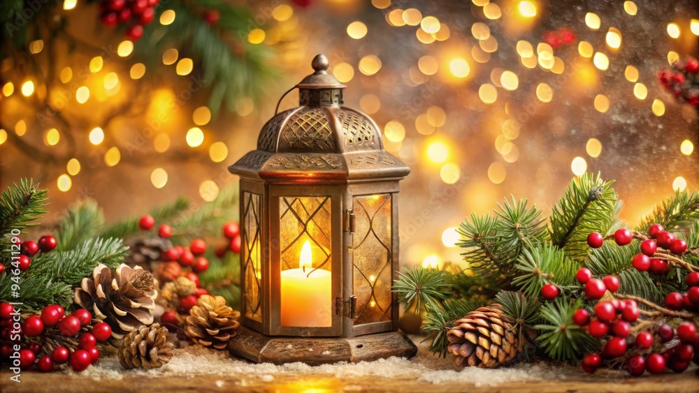 Festive Christmas Lantern Display with Pinecones, Evergreen Branches, and Red Berries in a Warm Setting Festive Christmas Lantern Display with Pinecones, Evergreen Branches, and Red Berries in a Warm Setting