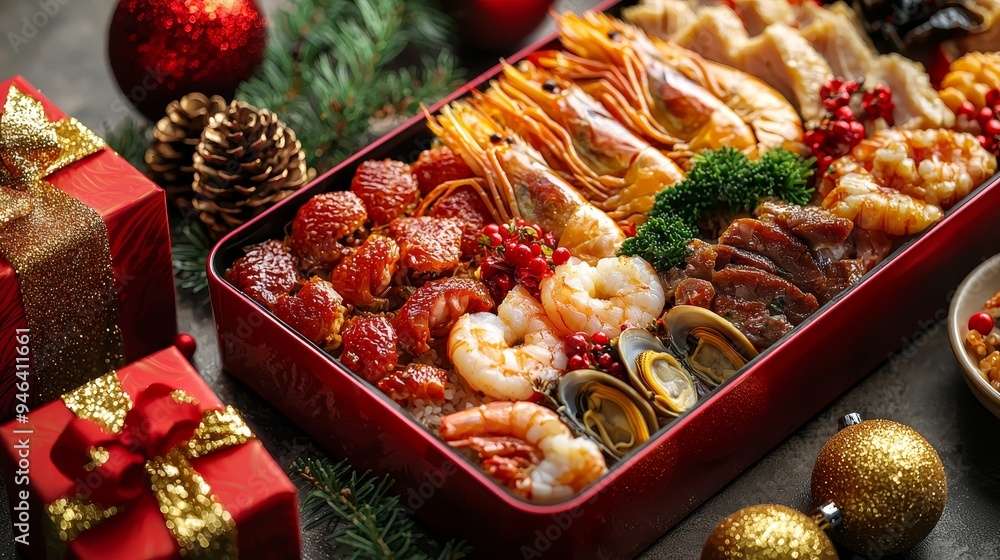 Fototapeta premium Festive Seafood Feast A CloseUp of a Red Lacquered Box Filled with Shrimp Clams and Festive Garnishes Surrounded by Christmas Decorations