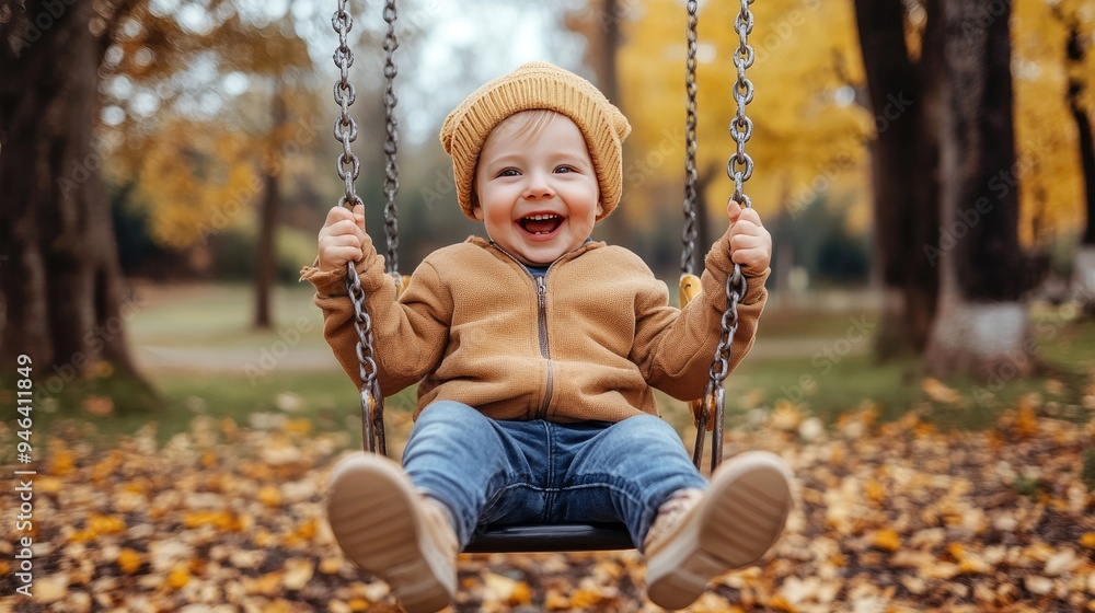 A joyful child enjoys swinging on a wooden swing in the park, dressed in winter attire and jeans, surrounded by a serene forest at sunset