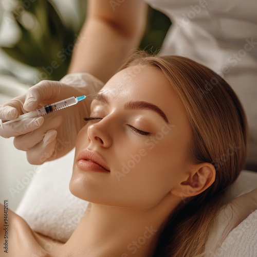 Youthful Radiance: Close-up of Young Caucasian Woman Receiving Cutting-edge Beauty Injection. Anti-aging Treatment Showcasing Modern Cosmetic Technology, Elegantly Composed for Aesthetic Medicine Mark
