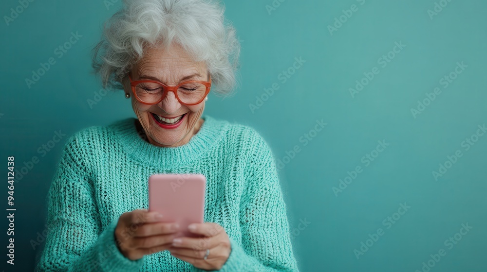 A joyful elderly woman with grey hair and glasses, looking at her phone, wearing a turquoise knitted sweater, reflecting enjoyment and connection through technology. A joyful elderly woman with grey hair and glasses, looking at her phone, wearing a turquoise knitted sweater, reflecting enjoyment and connection through technology.