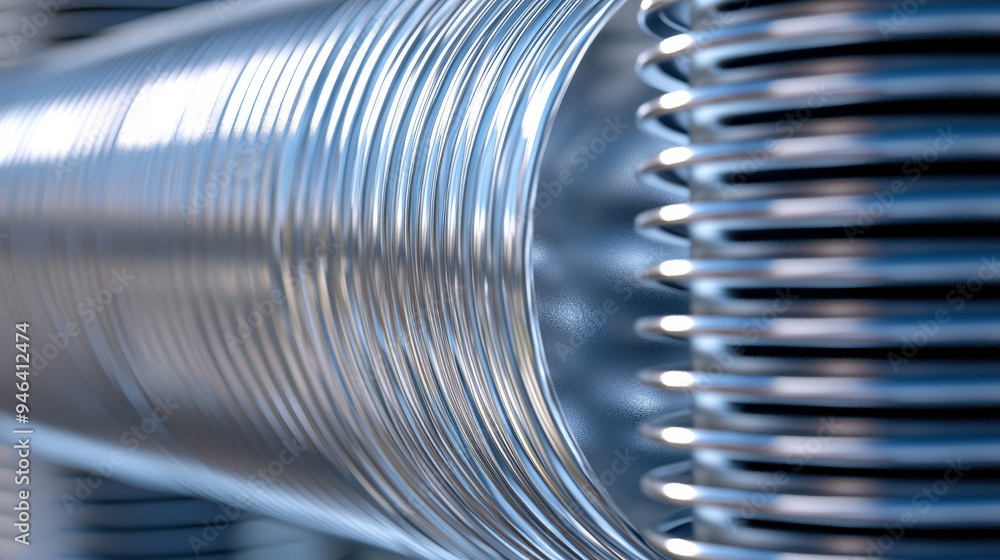 Macro view of the condenser coils in a central air conditioning system ...