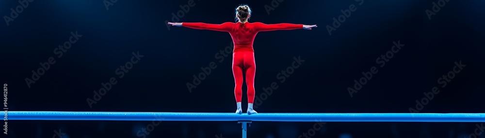 Fototapeta premium A gymnast in a red outfit performs on a balance beam under dramatic lighting.