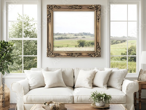 Ornate Wooden Frame Mockup Hanging Above Sofa in Farmhouse Inspired Living Room with Large Windows Overlooking Peaceful Pastoral Scene in Neutral Color Palette