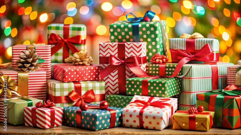 Colorful Christmas Gift Boxes with Ribbons and Bows, Festive Holiday Presents and Bokeh Lights Colorful Christmas Gift Boxes with Ribbons and Bows, Festive Holiday Presents and Bokeh Lights