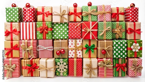 Beautifully Wrapped Christmas Gifts in Traditional Colors with Bows, Stars, and Stripes