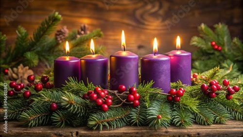 Traditional Advent Wreath with Purple Candles, Evergreen Branches, and Red Berries for Christmas