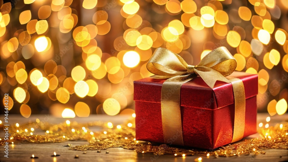 Festive Red Gift Box with Gold Ribbon and Bokeh Lights for Christmas Celebration Festive Red Gift Box with Gold Ribbon and Bokeh Lights for Christmas Celebration