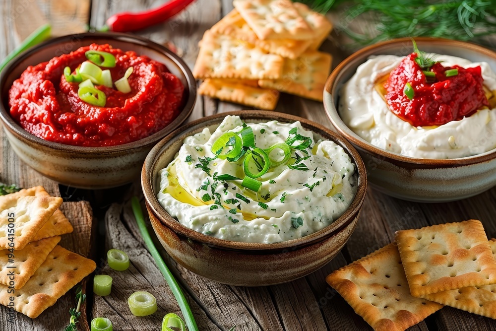 Bowls of assorted dips, including herb dip, roasted red pepper dip, and caramelized onion dip, are arranged with crackers and green onions on a wooden table